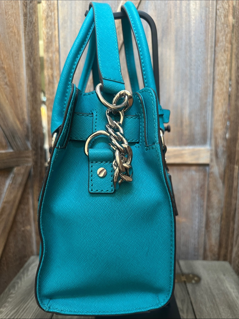 Michael Kors Turquoise Satchel Tote with Silver Padlock & Chain Shoulder Handbag - Picture 3 of 16